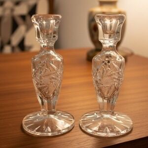American Brilliant Cut Lead Crystal Candlesticks, Set of 2, Pinwheel Pattern